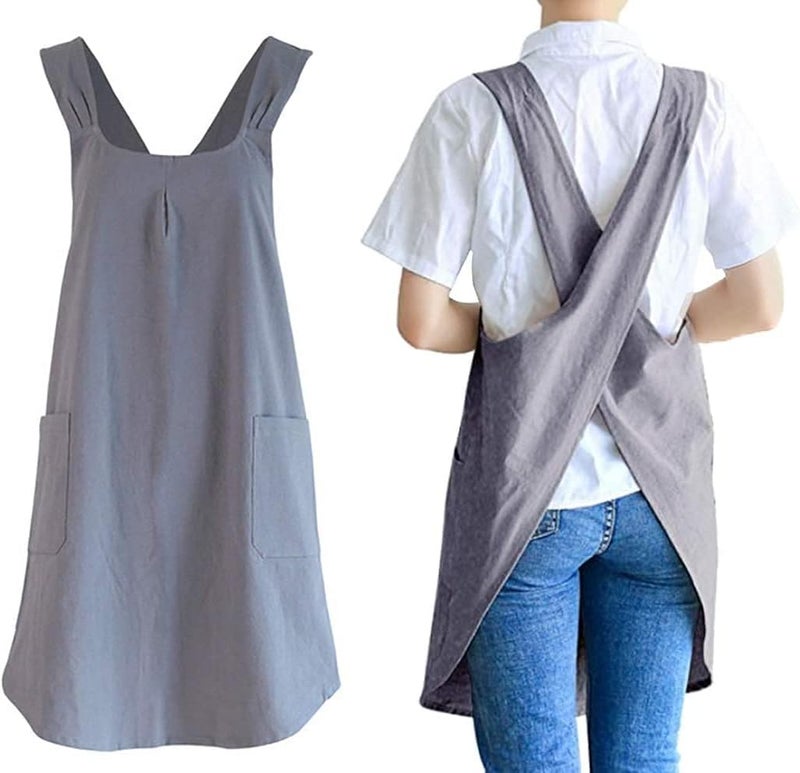Soft Cotton Linen Cross Back Apron - Japanese Style Pinafore Dress in Grey - Image 1