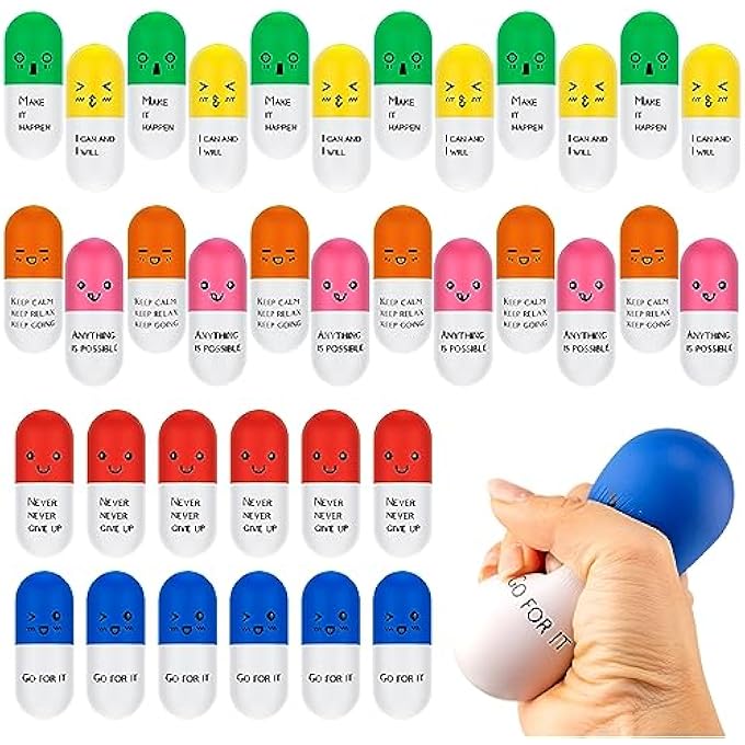 Jenaai 36 Pcs Pill Stress Balls Motivational Squishy Stress Relief Balls Pill Shaped Foam Squeeze Ball Anger Management Toys Grip Strengthener for Teens Adults Anxiety Fidget Nursing Party Supplies - Image 1