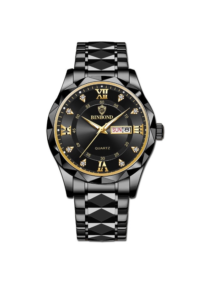 ساعة رجالية أنيقة للأعمال، كوارتز مضيئة بتقويم مزدوج، مقاومة للماء