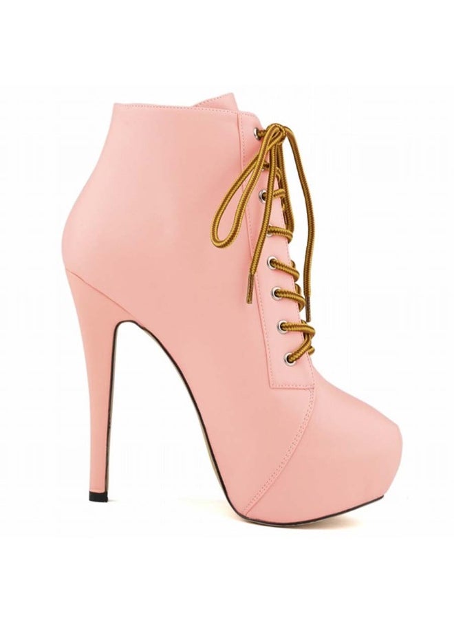 Loquat Autumn/Winter Platform Ultra High Stiletto Lace-Up Boots 14cm Pink  - Image 2