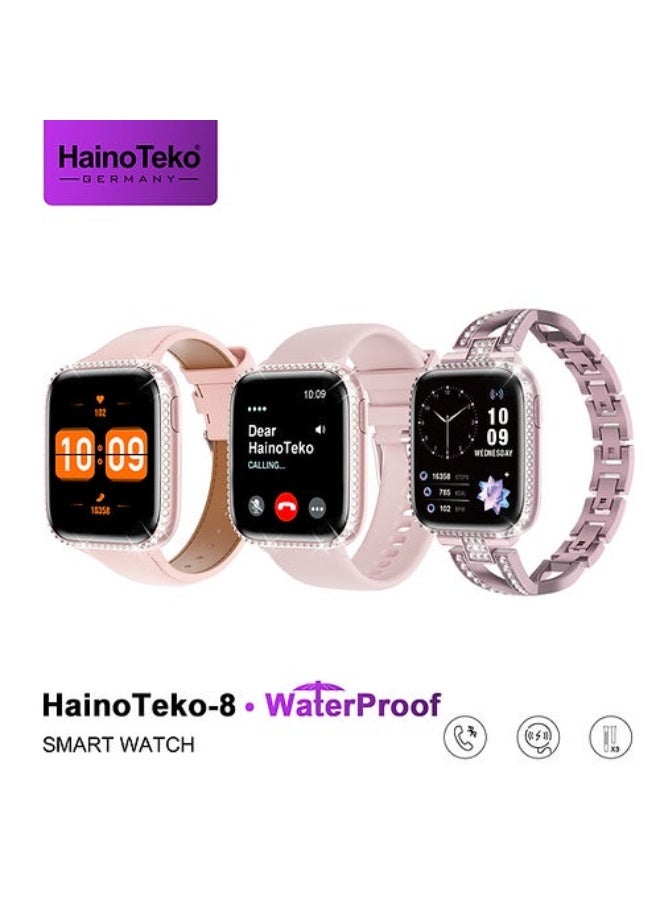 هينو تيكو ساعة هاينو تيكو الذكية HainoTeko-8 بشاشة AMOLED مقاومة للماء ومساعد صوتي بالذكاء الاصطناعي و3 أحزمة قابلة للتبديل مصممة للسيدات باللون الوردي - Image 1