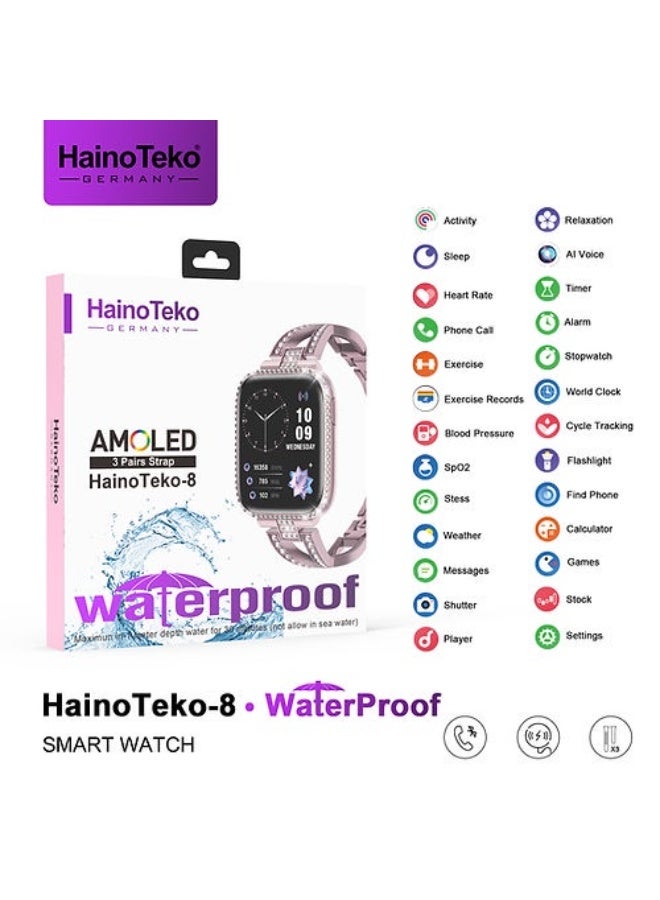 هينو تيكو ساعة هاينو تيكو الذكية HainoTeko-8 بشاشة AMOLED مقاومة للماء ومساعد صوتي بالذكاء الاصطناعي و3 أحزمة قابلة للتبديل مصممة للسيدات باللون الوردي - Image 3