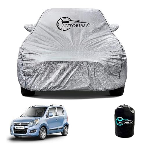 AUTOBIRSA Waterproof Car Body Cover for Maruti Wagonr with Mirror and Antenna Pocket and Soft Cotton Lining (4 Side Elastic Triple Stitched & Metallic Silver with Black Piping Style) - Image 1