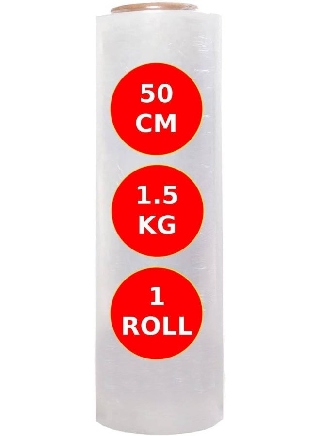 MOMENT [1 Roll] 1.5Kg Clear Stretch Film Wraps - 500Mm Heavy Duty Plastic Shrink Wraps For Pallet Wrap, Packing, Moving And Packaging - Cling Wrap, 1.5 Kg, 400G Core - Image 1