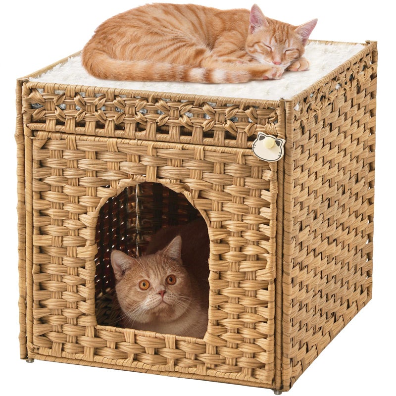 SETVSON Cat Beds for Indoor Cats Extra Large Double Cat Cave Pet Cube, Handwoven Rattan Cat Houses with Double-Sided Soft Cushions, 18.5 x 20.5 x 19.1 Inches Foldable Hideaway in Living Room Natural - Image 1