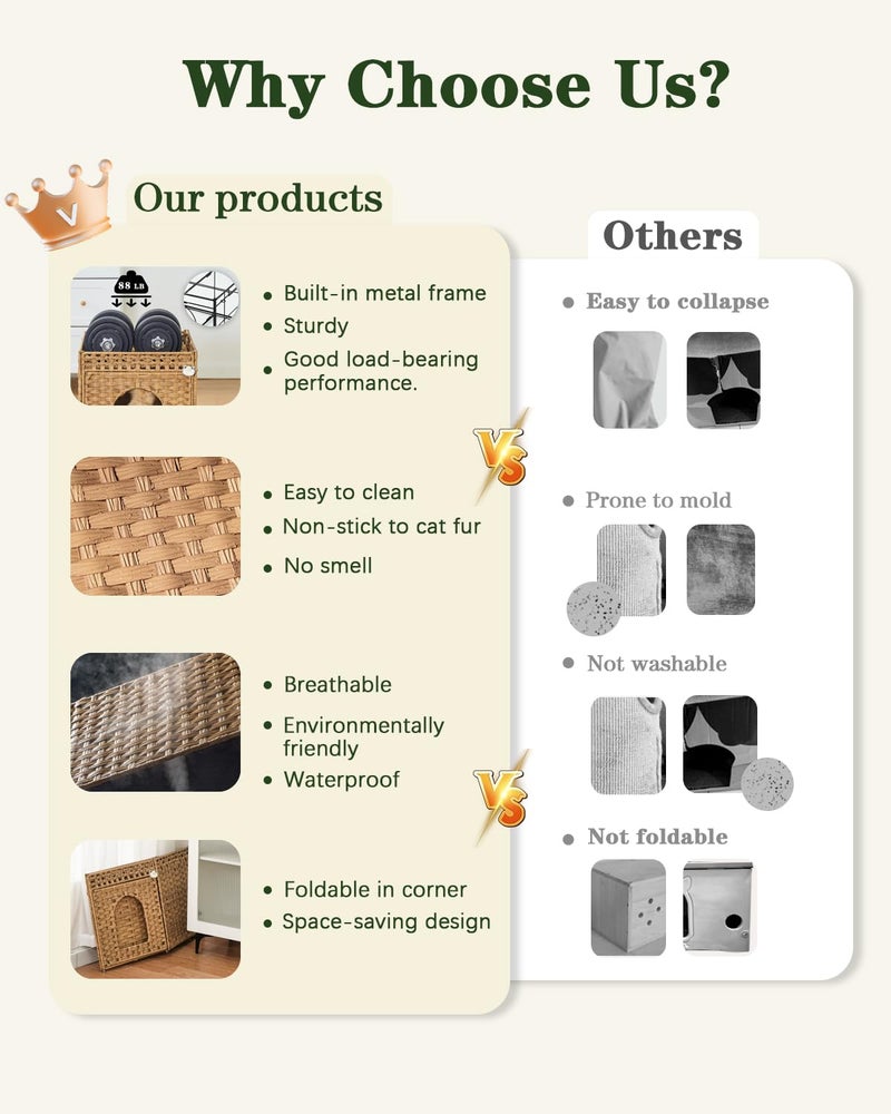 SETVSON Cat Beds for Indoor Cats Extra Large Double Cat Cave Pet Cube, Handwoven Rattan Cat Houses with Double-Sided Soft Cushions, 18.5 x 20.5 x 19.1 Inches Foldable Hideaway in Living Room Natural - Image 4