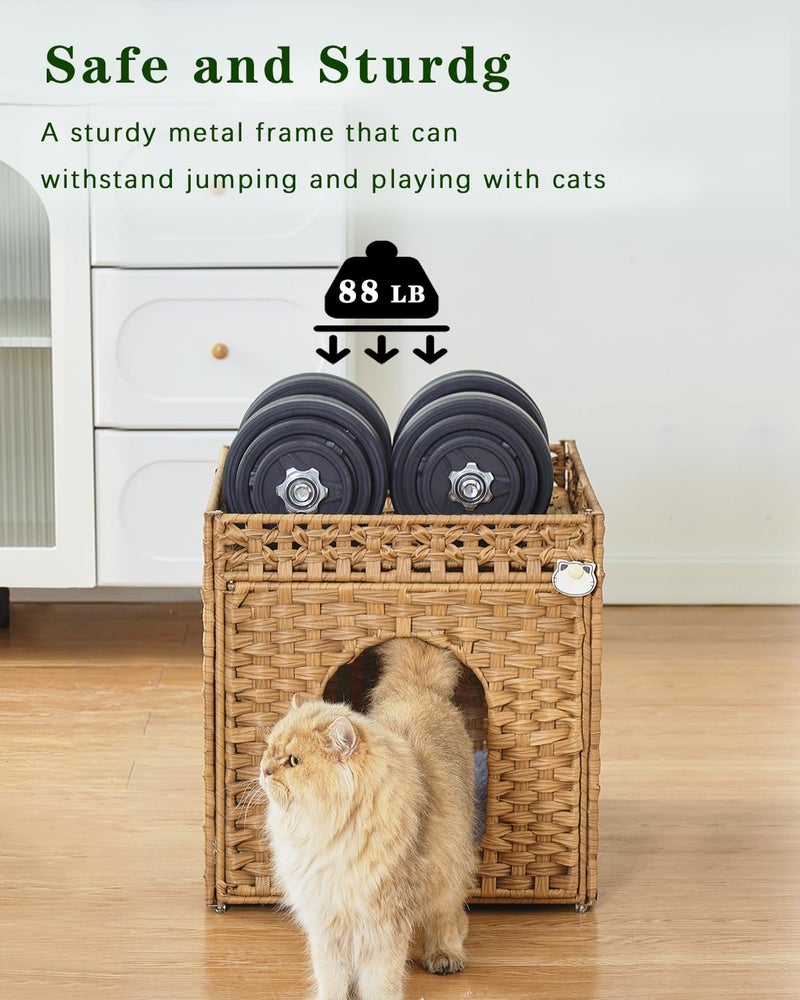 SETVSON Cat Beds for Indoor Cats Extra Large Double Cat Cave Pet Cube, Handwoven Rattan Cat Houses with Double-Sided Soft Cushions, 18.5 x 20.5 x 19.1 Inches Foldable Hideaway in Living Room Natural - Image 3
