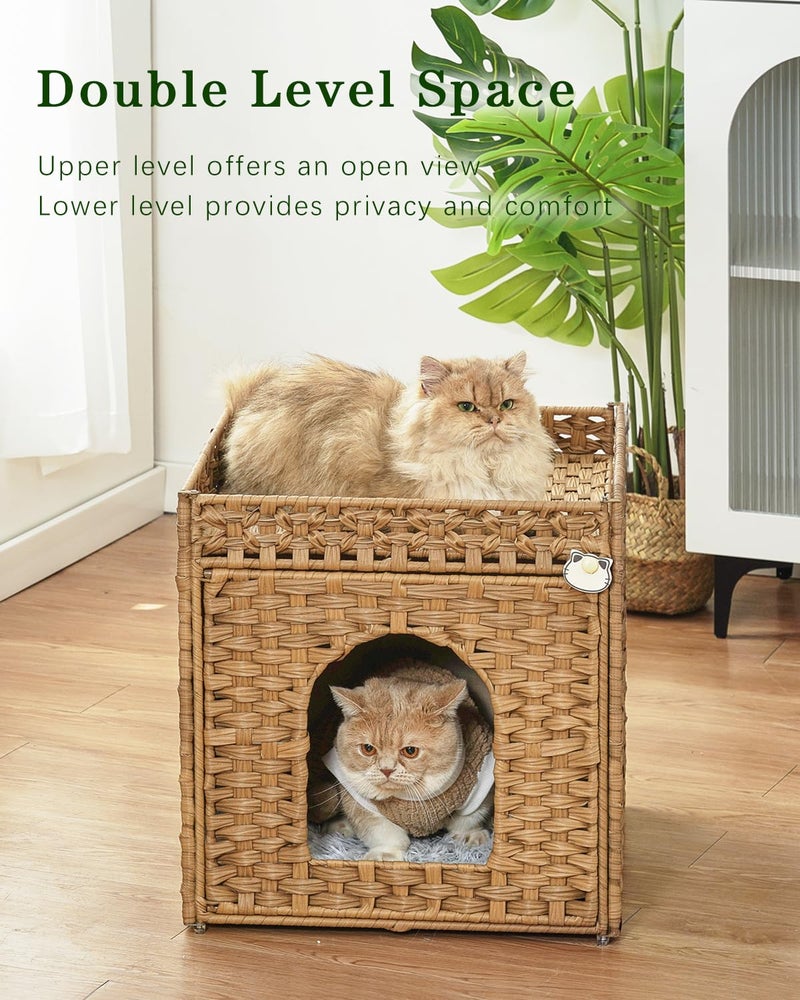 SETVSON Cat Beds for Indoor Cats Extra Large Double Cat Cave Pet Cube, Handwoven Rattan Cat Houses with Double-Sided Soft Cushions, 18.5 x 20.5 x 19.1 Inches Foldable Hideaway in Living Room Natural - Image 2