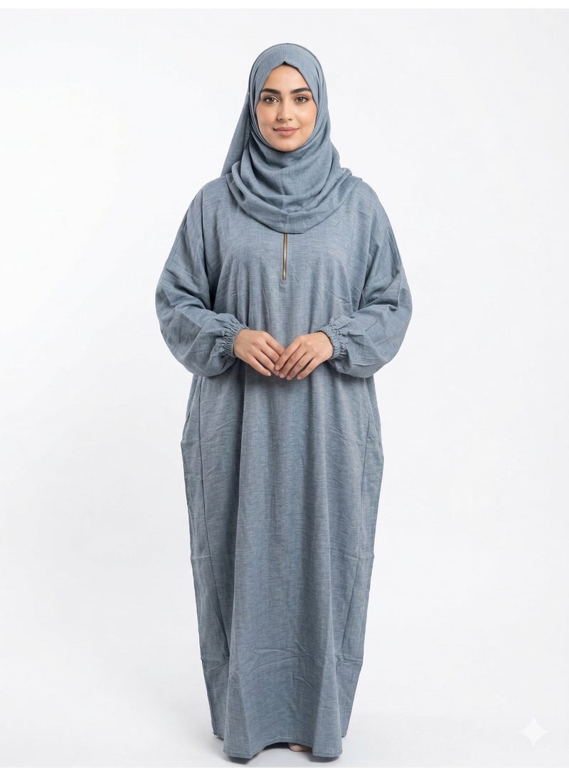 Mazaya Women Linen Prayer Dress Loose Modest with Front Zip - Image 1