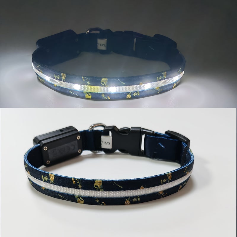 طوق LED عالي الجودة للحيوانات الأليفة المضيء، طوق كلب نايلون مطبوع على الطراز الصيني، قابل للشحن عبر USB، مقاوم للماء بمعيار IPX7، مسافة رؤية 1000 متر، تصميم غرفة العنقاء السوداء، مقاس S - Image 5