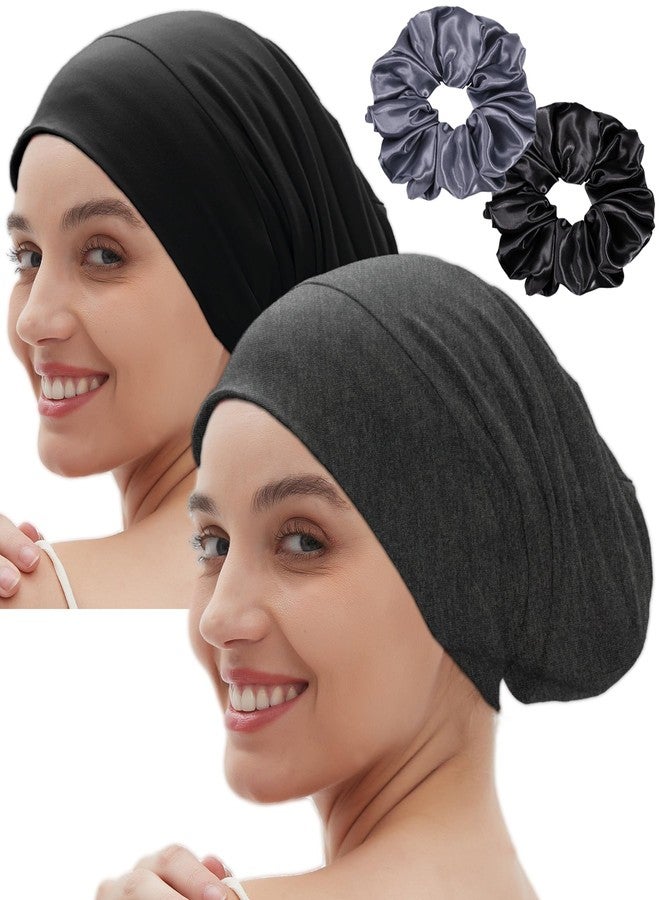 Roybens 2pcs Satin Bonnet for Sleeping Night Cap, Satin Lined Silk Bonnet Large Sleep Cap for Curly Braids Hair Beanie Black Women - Image 1