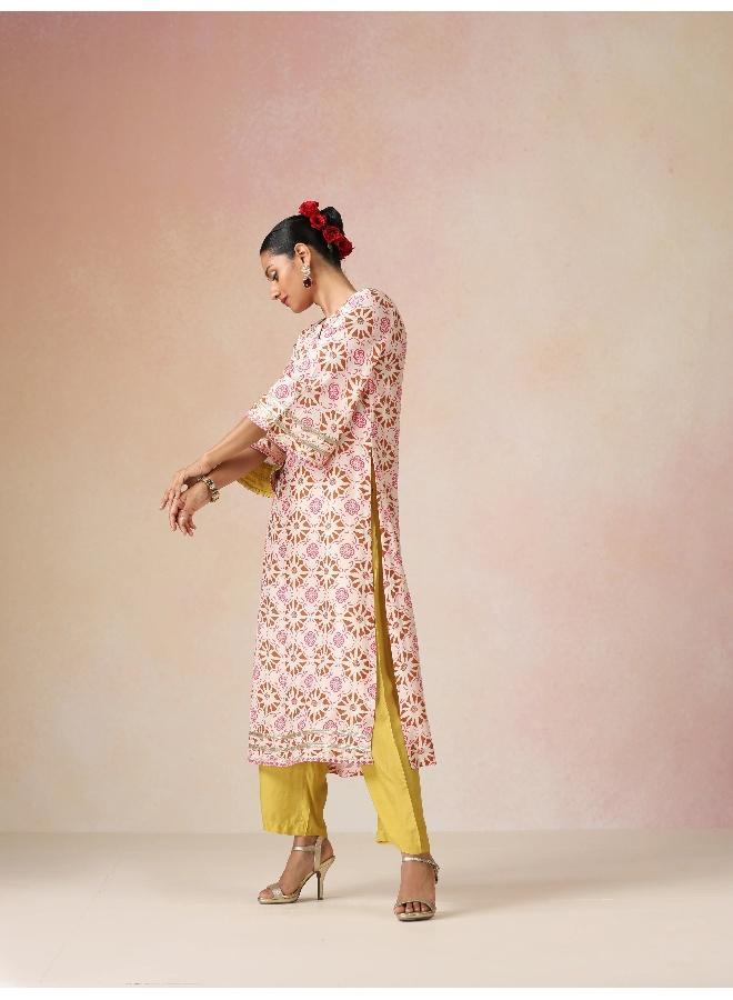 trueBrowns Ivory Brown Print Viscose Straight High-Slit Kurta Set - Image 2