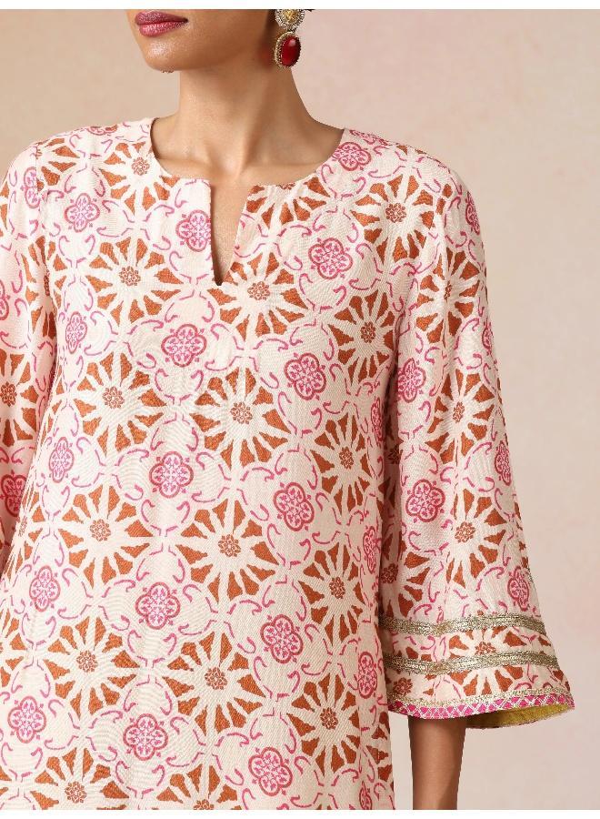 trueBrowns Ivory Brown Print Viscose Straight High-Slit Kurta Set - Image 4
