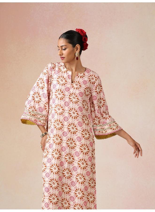 trueBrowns Ivory Brown Print Viscose Straight High-Slit Kurta Set - Image 3