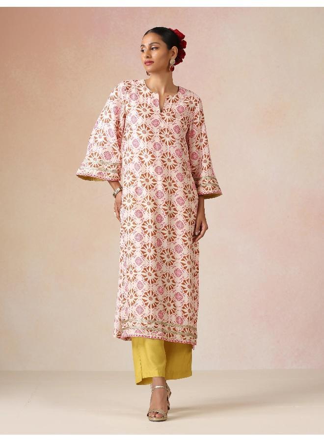 trueBrowns Ivory Brown Print Viscose Straight High-Slit Kurta Set - Image 1