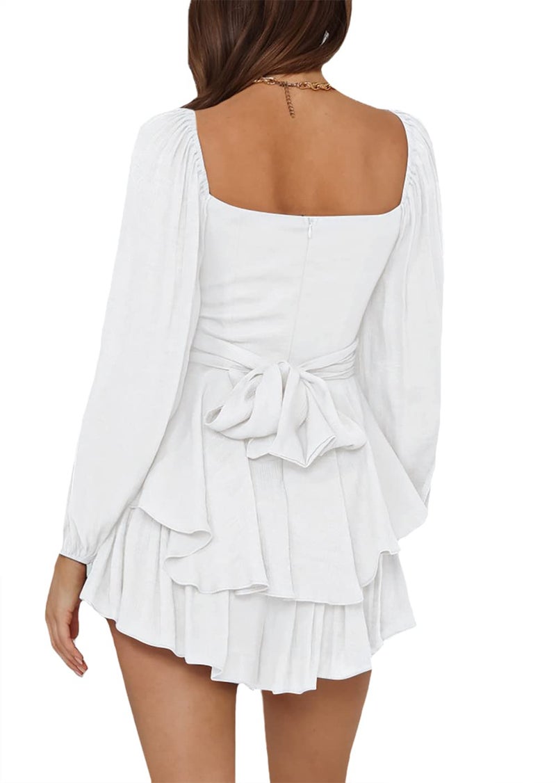 LYANER Women's Jumpsuit Lantern Long Sleeve Ruffle Layer Tie Mini Short Romper Solid White Small - Image 2