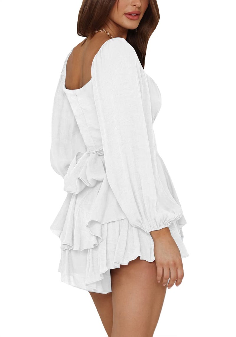 LYANER Women's Jumpsuit Lantern Long Sleeve Ruffle Layer Tie Mini Short Romper Solid White Small - Image 3