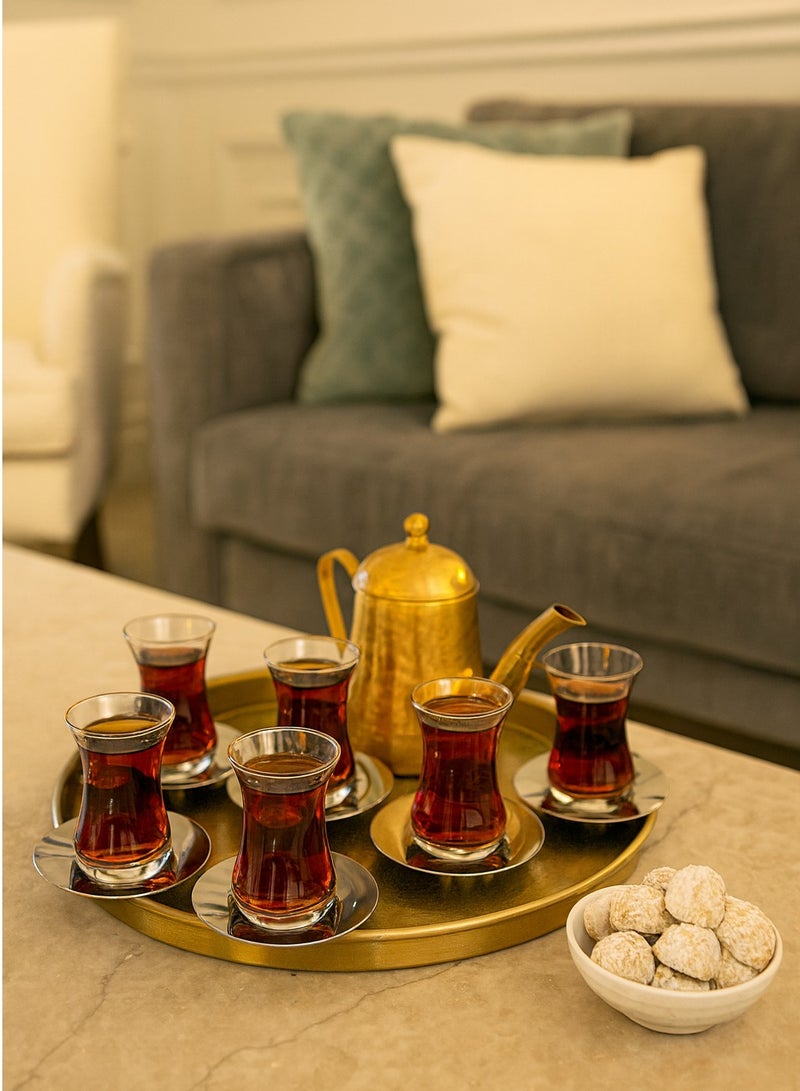 Green Apple Tea cups set with plates of clear and pure glass consisting of 6 cups and 6 stainless steel tea plates - Image 1