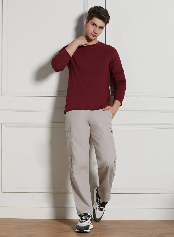 Dennis Lingo Wine Solid Regular Fit Round Neck T-shirt for Men - 100% Cotton, Full Sleeves, Casual,