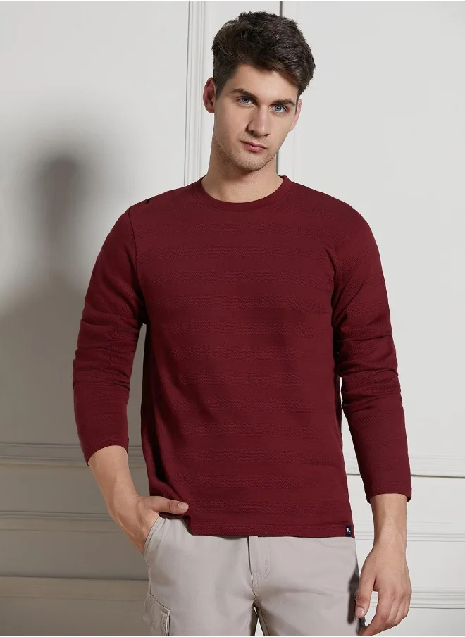 دينيس لينغو Wine Solid Regular Fit Round Neck T-shirt for Men - 100% Cotton, Full Sleeves, Casual,