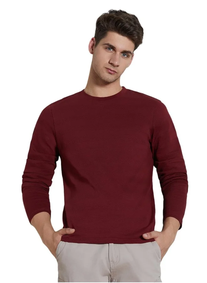 دينيس لينغو Wine Solid Regular Fit Round Neck T-shirt for Men - 100% Cotton, Full Sleeves, Casual,