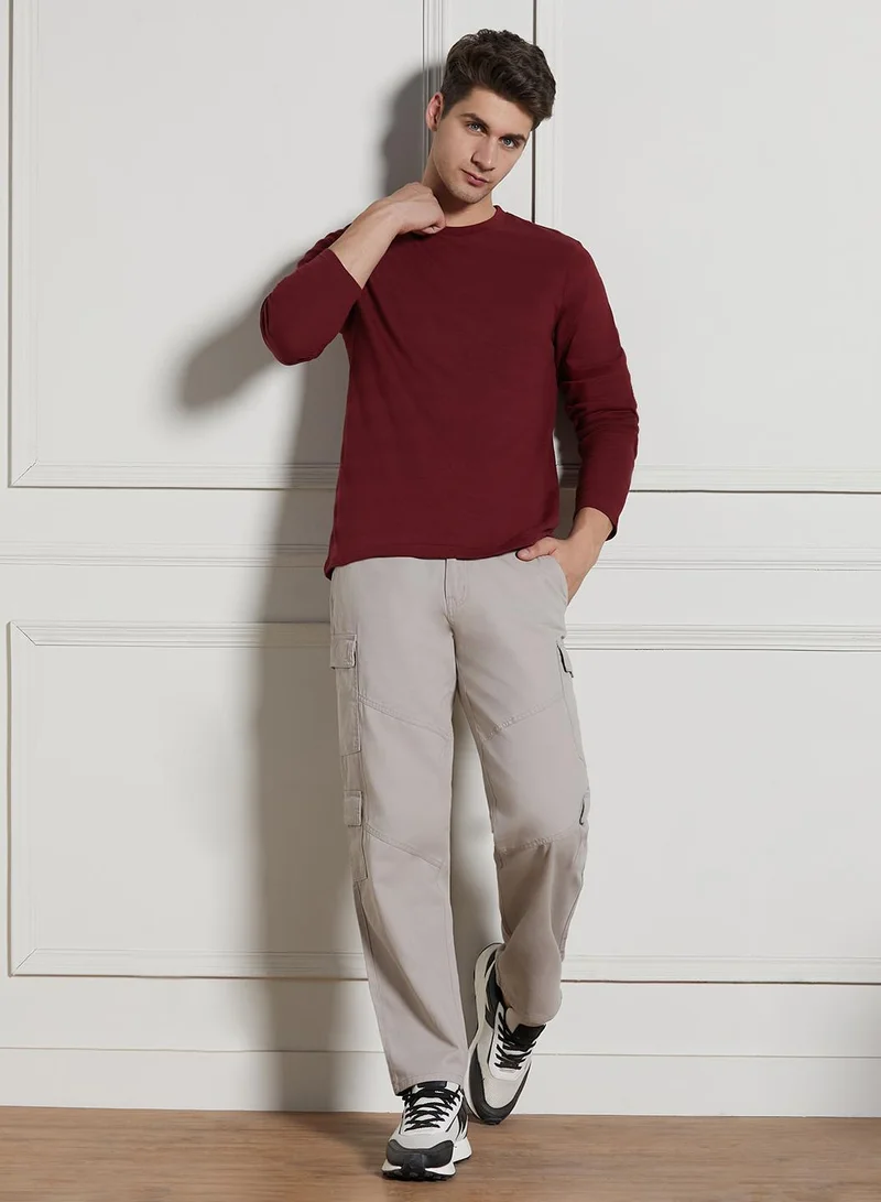 Dennis Lingo Wine Solid Regular Fit Round Neck T-shirt for Men - 100% Cotton, Full Sleeves, Casual,