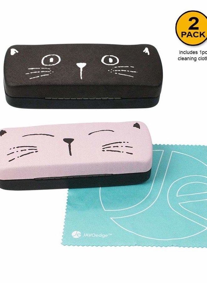 JAVOedge [2 PACK], Pink and Black Cute Cat Face Printed Hard Clamshell Eyeglass Storage Case with Microfiber Cloth - Image 2