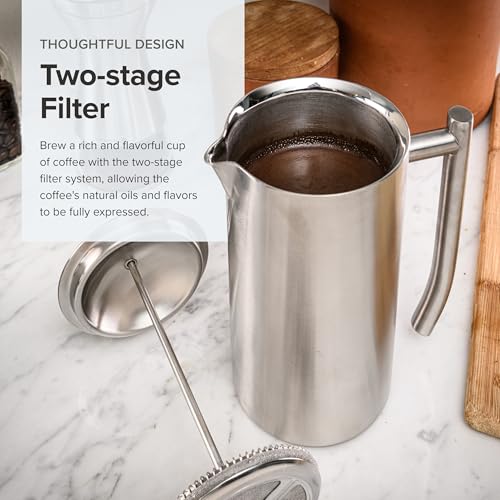 Frieling Coffee Press Stainless Steel French Press Coffee Maker - 44 oz, Brushed Stainless Steel - Double-Walled Insulated Zero Sediment Filter - For Home & Camping - Image 3