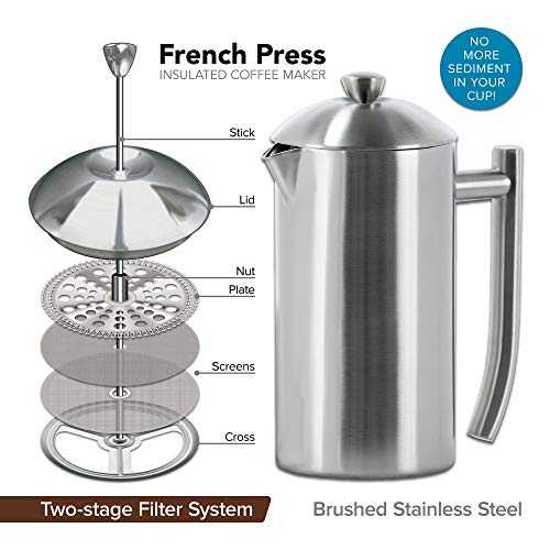 Frieling Coffee Press Stainless Steel French Press Coffee Maker - 44 oz, Brushed Stainless Steel - Double-Walled Insulated Zero Sediment Filter - For Home & Camping - Image 2