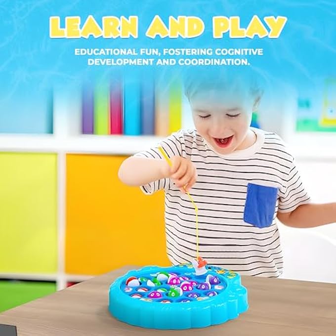 IPIDIPI TOYS مجموعة لعبة الصيد 21 سمكة 4 أعمدة لوحة دوارة wOnOff الموسيقى عائلة الأطفال الفناء الخلفي ألعاب ملونة للأطفال والأطفال الصغار الذين تتراوح أعمارهم بين 3 4 5 6 7 وما فوق أزرق - Image 3