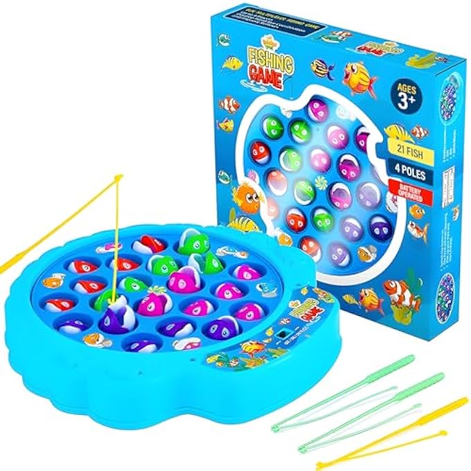IPIDIPI TOYS مجموعة لعبة الصيد 21 سمكة 4 أعمدة لوحة دوارة wOnOff الموسيقى عائلة الأطفال الفناء الخلفي ألعاب ملونة للأطفال والأطفال الصغار الذين تتراوح أعمارهم بين 3 4 5 6 7 وما فوق أزرق - Image 2