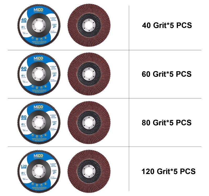 MIDO PROFESSIONAL ABRASIVE Flap Disc 4 1/2 inch 20 Pack for Angle Grinder Sanding Disc Assorted Grit 40 60 80 120 Aluminum Oxide Sanding Grinding Wheels 4.5 x 7/8 Inch Flat Type #27 - Image 3
