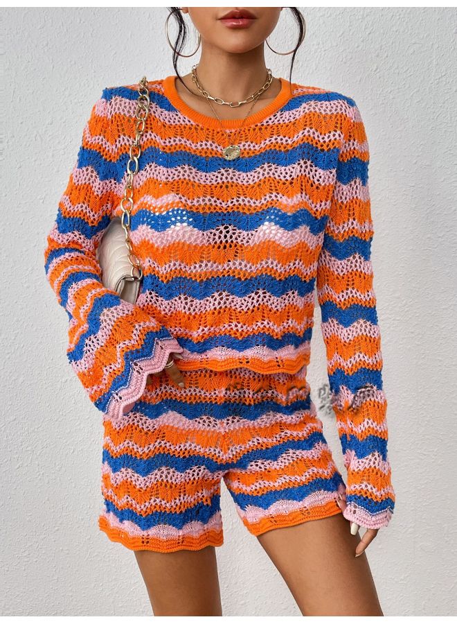 Color-Block Striped Knit Sweater Set – Round Neck, Loose, Two-Piece