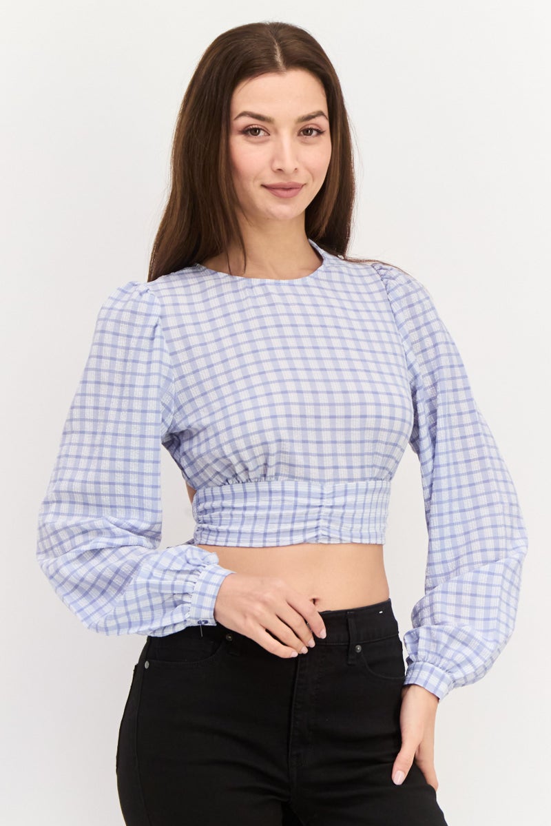 NA-KD Women Crew Neck Long Sleeve Checkered Blouse, Blue  - Image 1