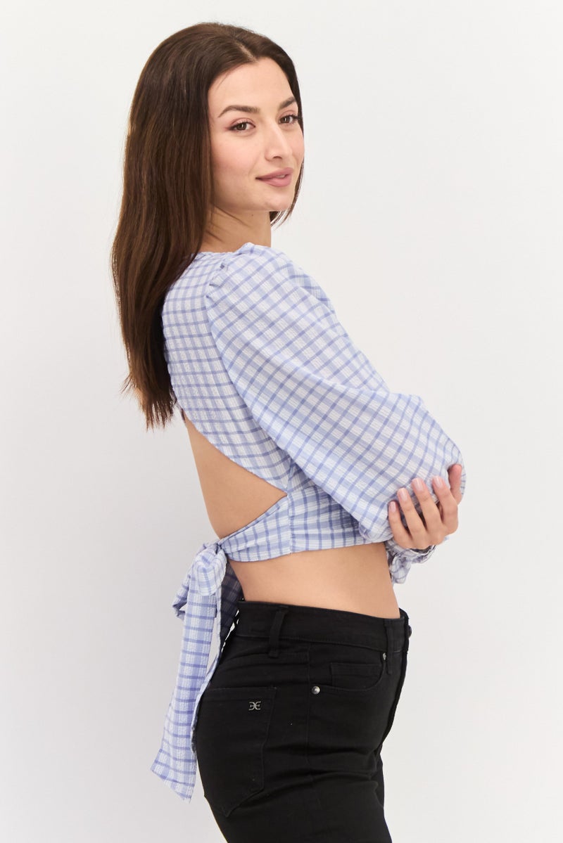 NA-KD Women Crew Neck Long Sleeve Checkered Blouse, Blue  - Image 2