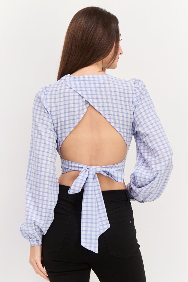 NA-KD Women Crew Neck Long Sleeve Checkered Blouse, Blue  - Image 4