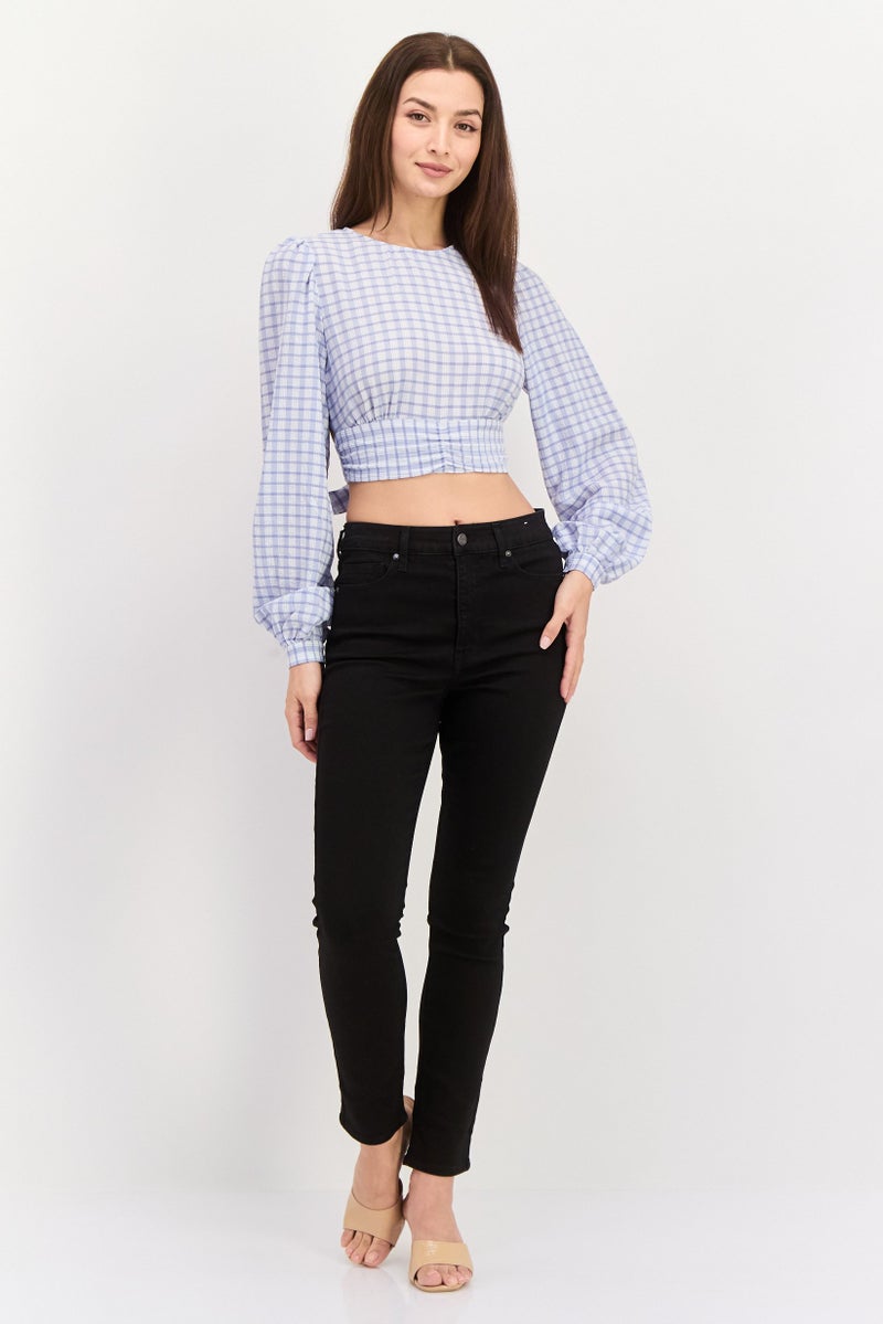 NA-KD Women Crew Neck Long Sleeve Checkered Blouse, Blue  - Image 3