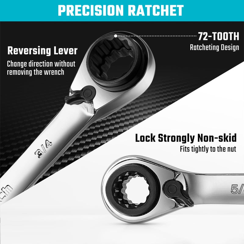 DURATECH 4-in-1 Reversible Ratcheting Box Wrench Set, Double Box End, SAE, 2-Piece, 5/16, 3/8, 7/16, 1/2 & 9/16, 5/8, 11/16, 3/4-Inch, CR-V Steel, Mirror Polished, with Rolling Pouch - Image 4
