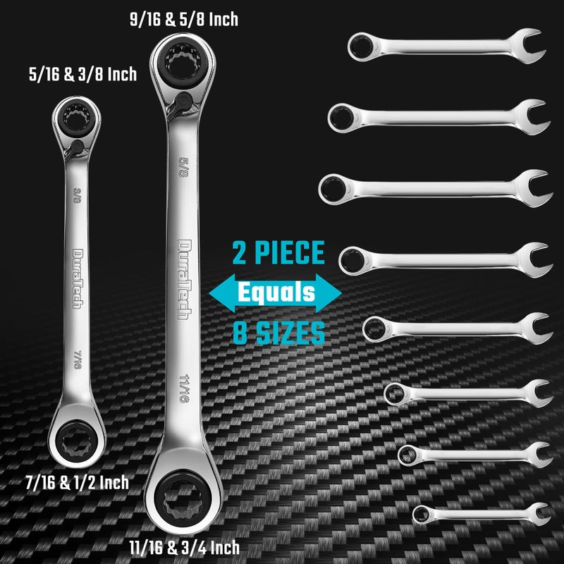 DURATECH 4-in-1 Reversible Ratcheting Box Wrench Set, Double Box End, SAE, 2-Piece, 5/16, 3/8, 7/16, 1/2 & 9/16, 5/8, 11/16, 3/4-Inch, CR-V Steel, Mirror Polished, with Rolling Pouch - Image 2