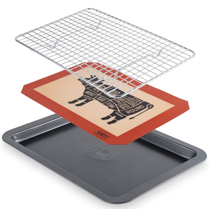 Trinity Provisions Meat Resting Pan - With Wire Rack and Silicone Baking Mat - Dishwasher and Oven Safe Stainless Steel, for Cooking and Cooling Steak, BBQ, Bacon, & More - Image 1