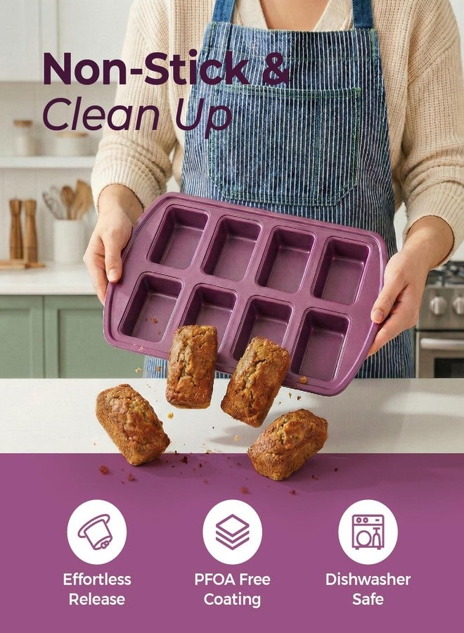 CARTMAN 2-Pack 8-Cavity Mini Loaf Pans Set with Spatula & Brush - 15.5” x 10” Nonstick Carbon Steel Small Bread Pan for Banana Bread, Meatloaf & Keto Snacks Plum Purple - Image 4