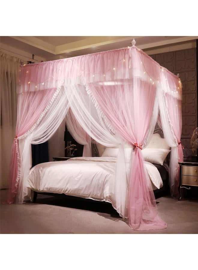 VETHIN 4 Corners Post Ruffle Princess Bed Canopy Curtain-Double Layer Cozy Drape Netting 4 Opening Mosquito Net for Girls Adults Bedroom Decoration (Pink/Whtie, 47" W*78" L*82" H/Twin) - Image 2