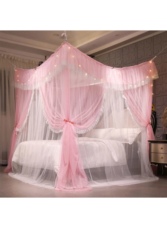 VETHIN 4 Corners Post Ruffle Princess Bed Canopy Curtain-Double Layer Cozy Drape Netting 4 Opening Mosquito Net for Girls Adults Bedroom Decoration (Pink/Whtie, 47" W*78" L*82" H/Twin) - Image 5
