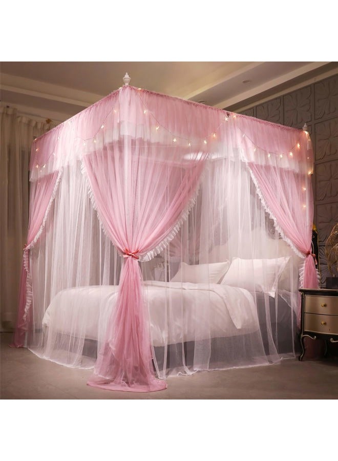 VETHIN 4 Corners Post Ruffle Princess Bed Canopy Curtain-Double Layer Cozy Drape Netting 4 Opening Mosquito Net for Girls Adults Bedroom Decoration (Pink/Whtie, 47" W*78" L*82" H/Twin) - Image 3