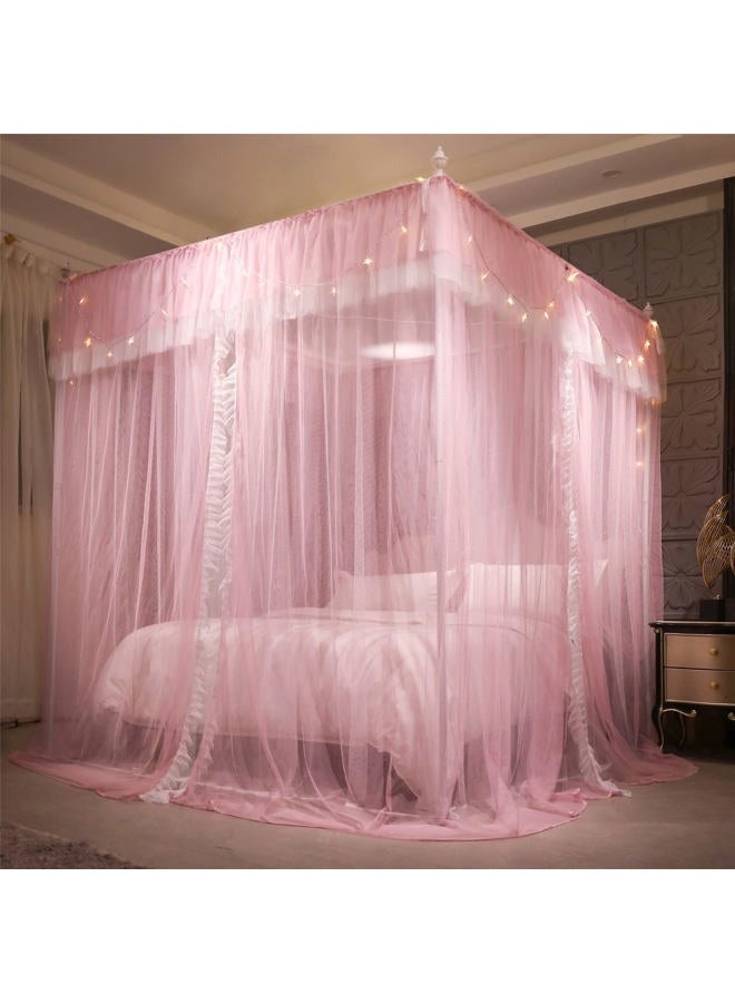 VETHIN 4 Corners Post Ruffle Princess Bed Canopy Curtain-Double Layer Cozy Drape Netting 4 Opening Mosquito Net for Girls Adults Bedroom Decoration (Pink/Whtie, 47" W*78" L*82" H/Twin) - Image 4