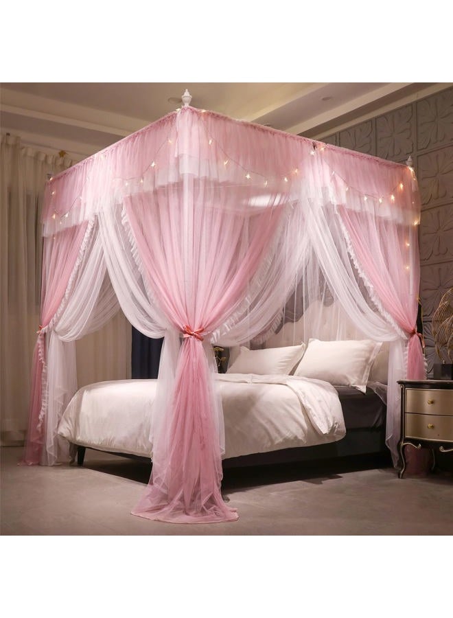VETHIN 4 Corners Post Ruffle Princess Bed Canopy Curtain-Double Layer Cozy Drape Netting 4 Opening Mosquito Net for Girls Adults Bedroom Decoration (Pink/Whtie, 47" W*78" L*82" H/Twin) - Image 1