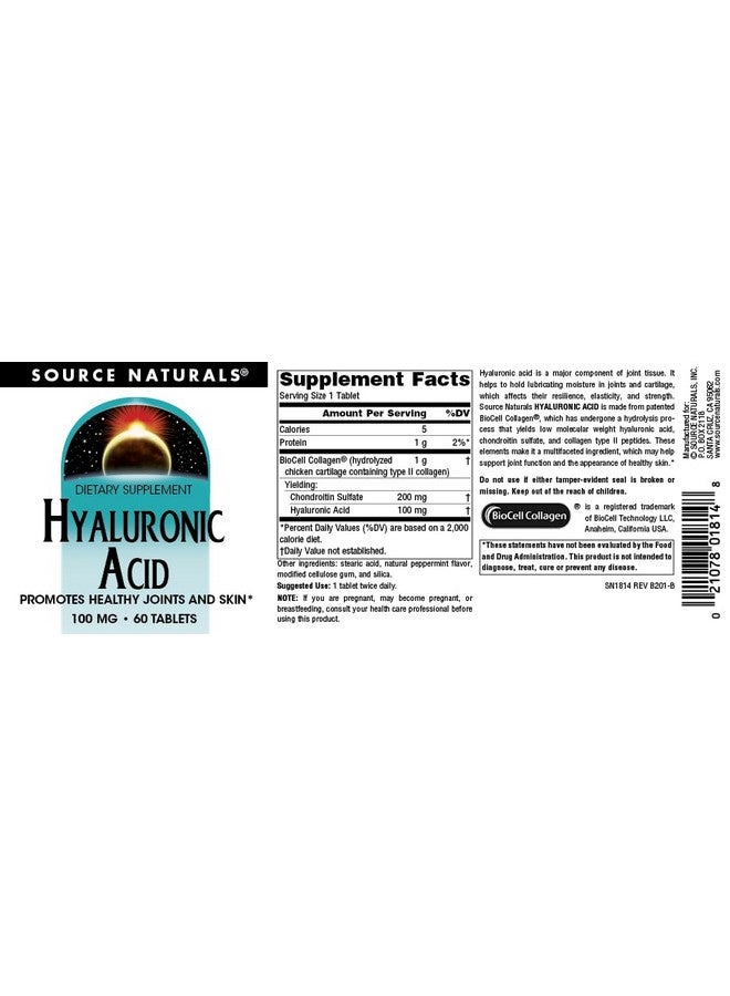 Source Naturals Hyaluronic Acid, Promotes Healthy Joints and Skin*, 100mg - 60 Tablets - Image 4