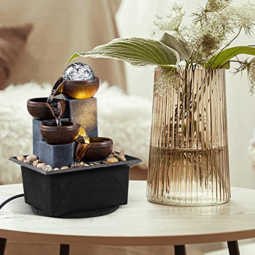 AMOOTEK Tabletop Fountain 4 Level Tabletop Waterfall Indoor Meditation Fountain Office Home Relax Desktop Waterfall Pool Includes Many Natural River Rocks LED Lights Fixed Decorative Bubble Ball1 - Image 4
