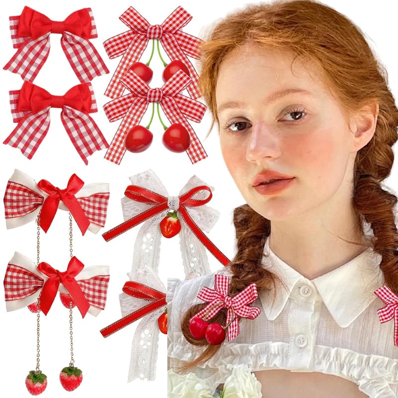 AUOCATTAIL 8 Pcs Cherry Strawberry Bow Hair Clips Hair Accessories Christmas Red White Plaid Bow Hairpins Alligator Hair Barrettes for Women Girls