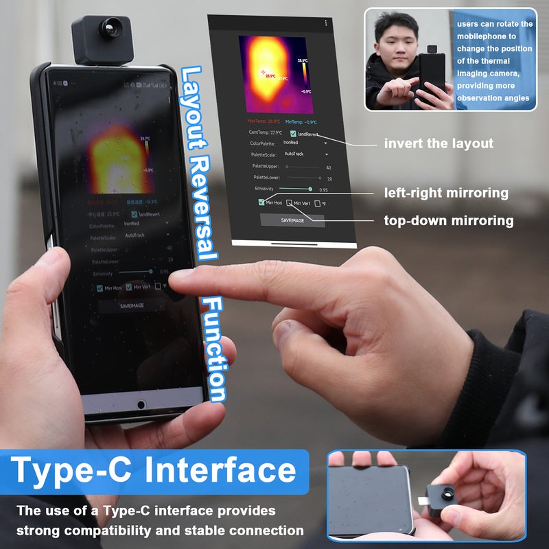 Portable Mobilephone Thermal Imager -20℃ to 1000℃ Small Thermal Imaging Camera Support Maximum Minimum Center Temperature Measurement 5 Color Palette Modes Chinese and English Language Switchable - Image 3
